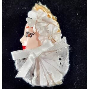 Glamour Lady Head Brooch Face With Lace and White Ribbon 1980's With Gift Box